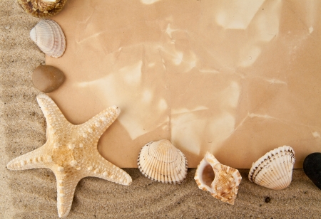 cockleshells, stone, paper and compass on sandの写真素材