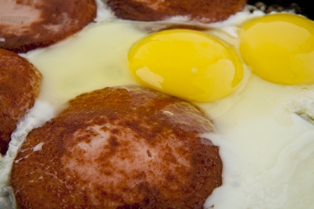 Fried eggs with fried sausageの写真素材