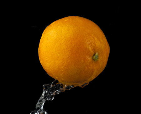 orange in water on a black backgroundの写真素材