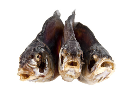 dried fishes on a white backgroundの写真素材