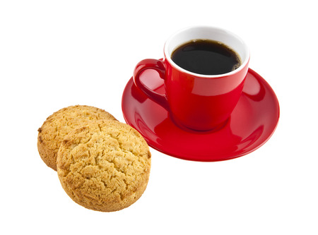 red cup with coffee and cookie is isolated on a white backgroundの写真素材