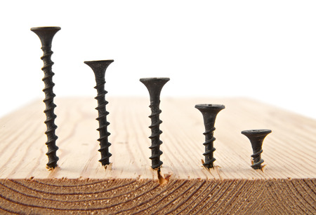 screws on wooden plank on a white backgroundの写真素材