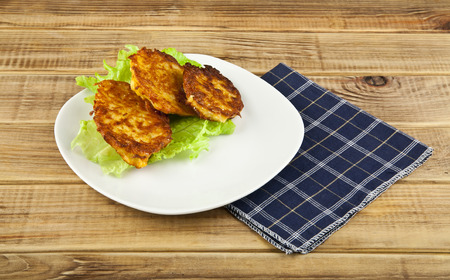 potato pancakes in plate on wooden backgroundの写真素材