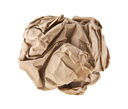 brown wrinkled paper isolated on white backgroundの写真素材