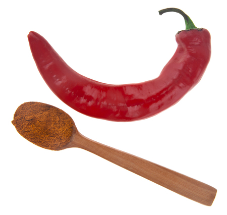 hot red pepper in a wooden spoon isolated on a white backgroundの写真素材