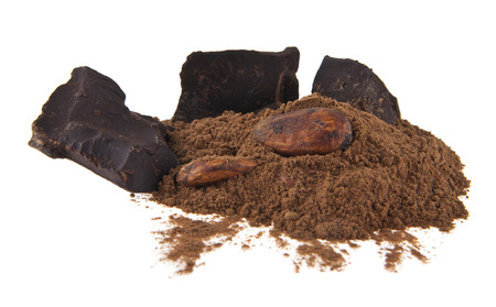 chunk chocolate, grains and ground cocoa isolated on white backgroundの写真素材
