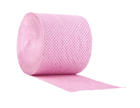 roll of toilet pink paper isolated on white backgroundの写真素材