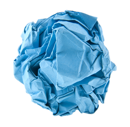 blue wrinkled paper isolated on white backgroundの写真素材