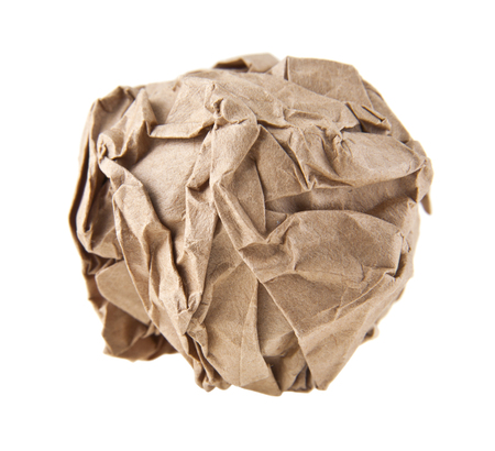 brown wrinkled paper isolated on white backgroundの写真素材