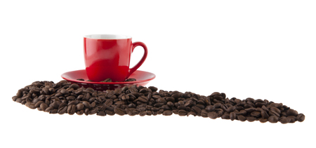 red cup with coffee and grains isolated on white backgroundの写真素材