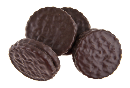 cookies in chocolate isolated on white backgroundの写真素材