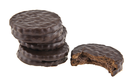 cookies in chocolate isolated on white backgroundの写真素材
