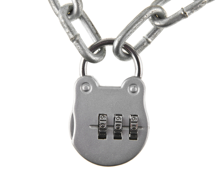 metal chain and lock isolated on white background closeupの写真素材
