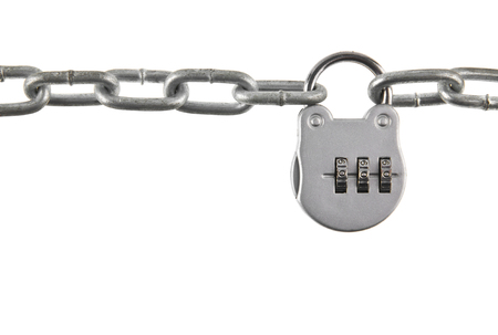 metal chain and lock isolated on white background closeupの写真素材