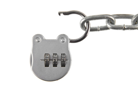 metal chain and lock isolated on white background closeupの写真素材