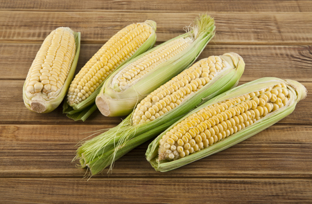corn on a wooden tableの写真素材