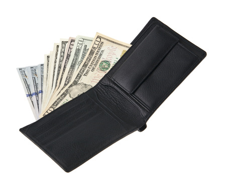 dollars in a purse isolated on a white backgroundの写真素材