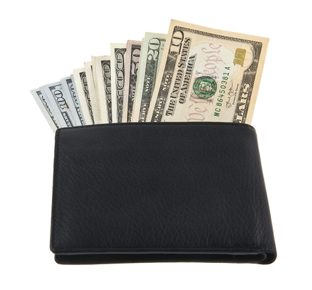 dollars in a purse isolated on a white backgroundの写真素材