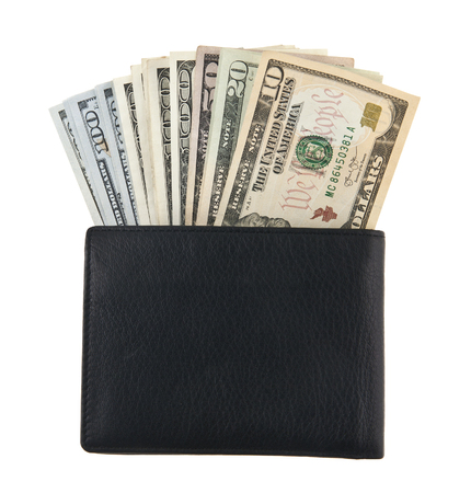 dollars in a purse isolated on a white backgroundの写真素材
