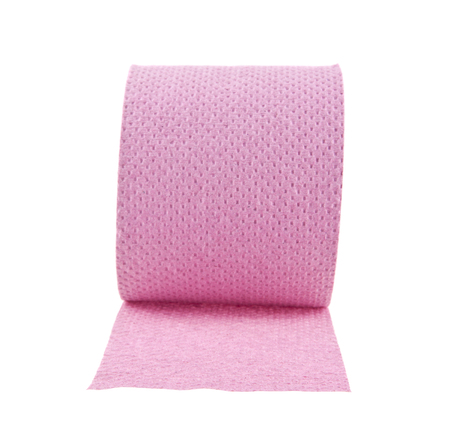 pink toilet paper isolated on white backgroundの写真素材