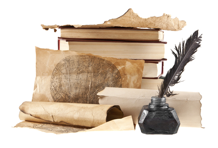 old paper and inkwell with pen isolated on white background closeupの写真素材