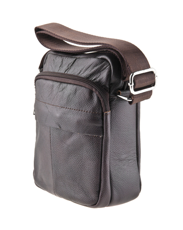 brown leather bag isolated on white backgroundの写真素材
