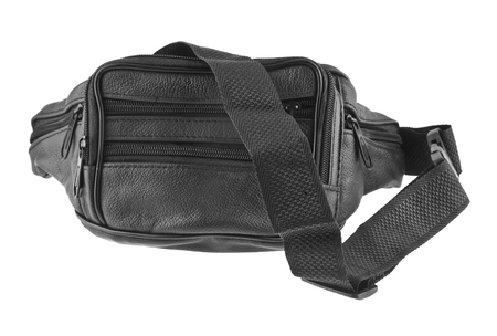 black belt leather bag isolated on white backgroundの写真素材