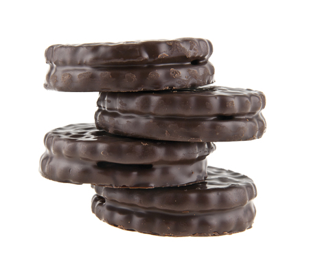 cookies in chocolate isolated on white backgroundの写真素材