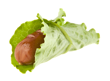 Sausage and lettuce leaf isolated on white backgroundの写真素材