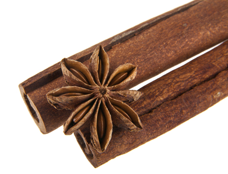cinnamon stick and star anise spice isolated on white background closeupの写真素材