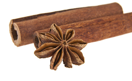 cinnamon stick and star anise spice isolated on white background closeupの写真素材