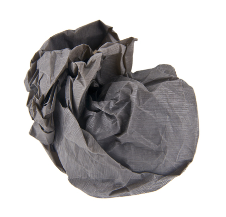 lump of gray crumpled paper isolated on white backgroundの写真素材