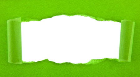 torn green paper isolated on white backgroundの写真素材
