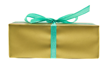 golden box with green ribbon, gift isolated on white backgroundの写真素材