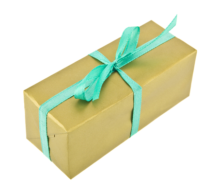 golden box with green ribbon, gift isolated on white backgroundの写真素材