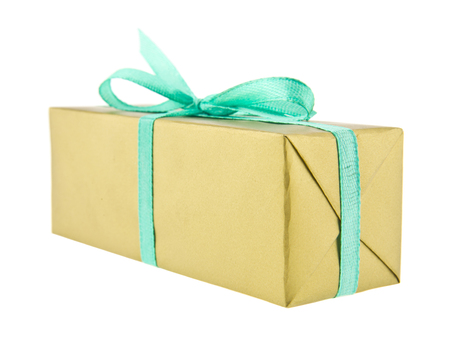 golden box with green ribbon, gift isolated on white backgroundの写真素材