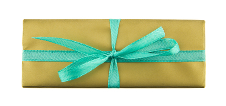 golden box with green ribbon, gift isolated on white backgroundの写真素材