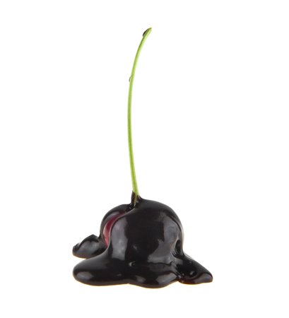 food with fresh organic cherries in chocolate isolated on white backgroundの写真素材