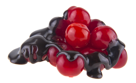 food with fresh organic cherries in chocolate isolated on white backgroundの写真素材