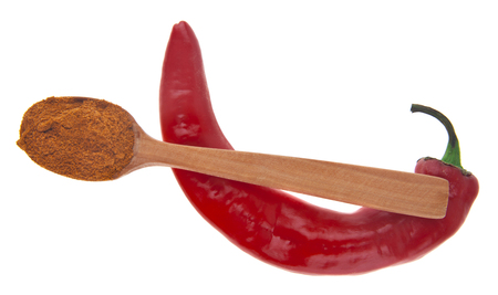 red pepper and spoon isolated on white backgroundの写真素材