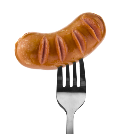 fried sausage on a fork isolated on white backgroundの写真素材