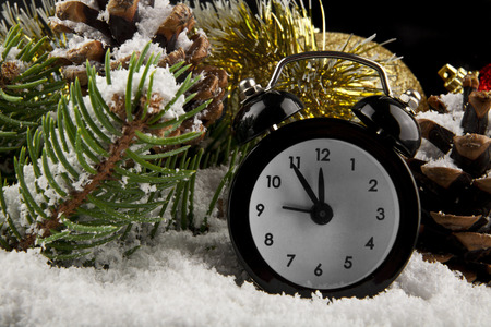 green branch of a tree in the snow with a clock isolated on a black backgroundの写真素材