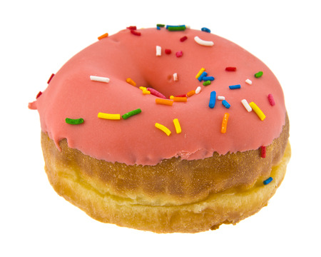 Pink iced donut isolated on whiteの写真素材