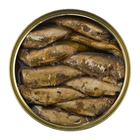 sprats in a can isolated on white backgroundの写真素材