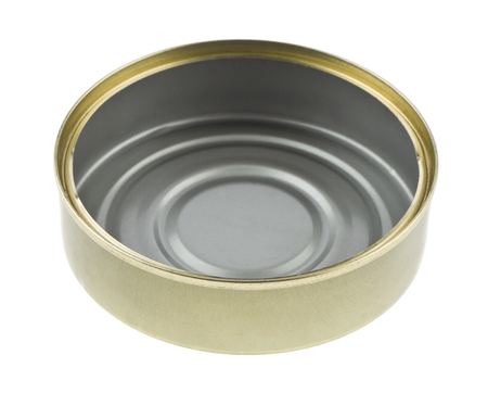 open metal tin can isolated on white background close upの写真素材
