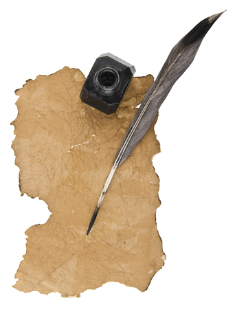 old paper, feather and inkwell isolated on white background. View from aboveの写真素材