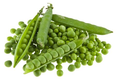Green peas isolated on a white background. Vegetarian food.の写真素材