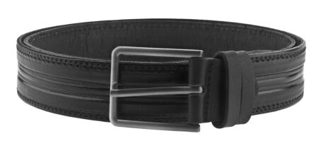 Black male leather belt isolated on a white background close-up. Beauty and fashion concept.の写真素材