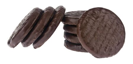 Chocolate cookies isolated on a white background close-up.の写真素材