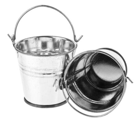 Metal buckets isolated on a white background close-up.の写真素材